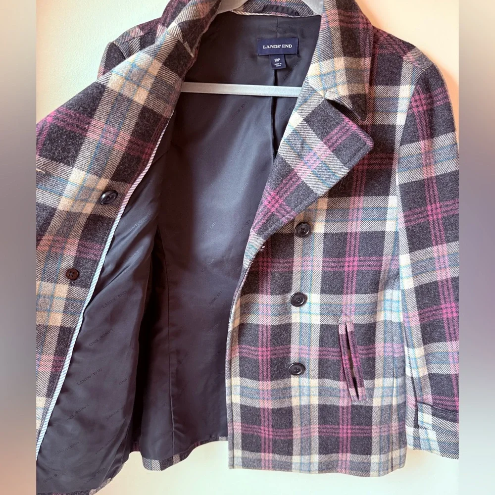 Lands' End Women's Plaid Wool-Blend Peacoat - Gray & Purple, Sz 10 P - Picture 8 of 10